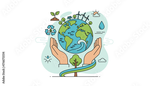 Hands cradle the Earth, symbolizing environmental responsibility and protection, with icons of renewable energy like wind turbines and solar panels, recycling symbols, a growing seedling, a tree