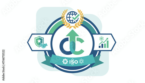 Abstract emblem representing top-tier service quality assurance and business growth, featuring icons for partnership, global reach, scientific advancement, and ISO certification, symbolizing