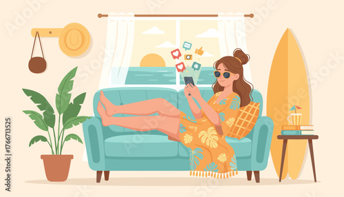 Vibrant illustration of a woman relaxing on a turquoise sofa, engrossed in her smartphone, with social media icons floating above, embodying a digital online concept, set against a serene ocean