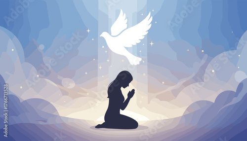 Silhouette of a woman kneeling in prayer with her hands clasped, bathed in a divine light beam from a white dove soaring above, against a backdrop of ethereal clouds and sparkling stars, symbolizing