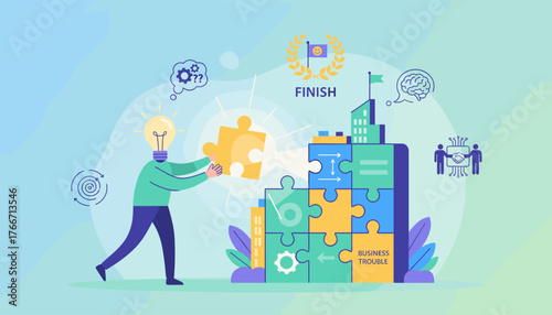 Conceptual illustration of solving business problems with innovative solutions, represented by a person with a lightbulb head placing a puzzle piece into a structure, symbolizing strategy, teamwork