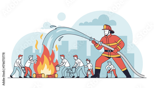 Vivid vector illustration depicting a fire emergency concept with a brave firefighter in a red uniform spraying water from a hose onto a large bonfire, assisted by a group of people of various ages