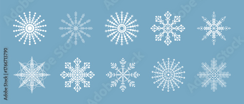Snowflakes snowfall icons set, White snow crystals on blue background vector illustration, Winter Christmas elements.