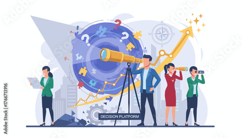 Vision to See Success: Business professionals use telescopes and binoculars to navigate uncertainty and chart a course towards future growth, symbolizing strategic planning and forward-thinking in a