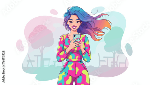 Vibrant young woman with colorful, flowing hair holding a smartphone, smiling and looking at the camera, set against a soft, abstract background with stylized trees and outdoor seating, conveying a