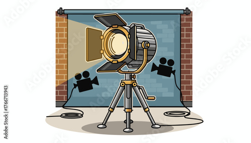Vintage movie spotlight on a tripod stand with two film cameras and a brick wall backdrop, cartoon illustration, cinematic lighting setup for film production, retro movie set, creative industry