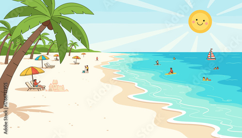 Vibrant cartoon illustration of a tropical white-sand beach scene with crystal-clear turquoise water, gentle waves, and a bright, smiling sun shining rays across the sky, perfect for summer vacation
