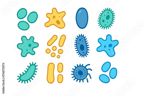 Diverse collection of colorful microscopic bacteria, protozoa, and single-cell organisms