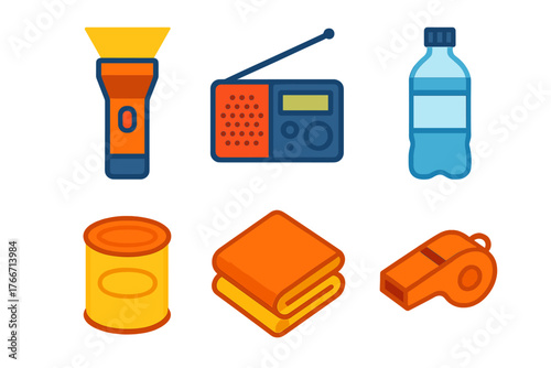 Collection of essential survival kit equipment: flashlight, radio, water bottle, canned food, and safety whistle