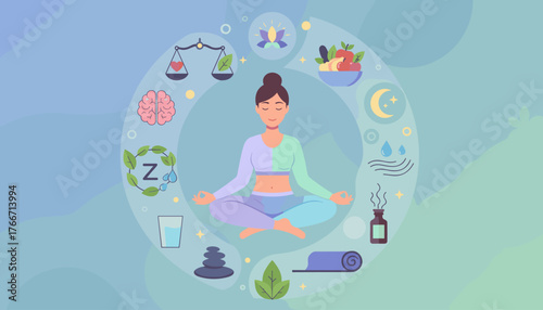 Vibrant illustration of a woman meditating in a serene lotus pose, surrounded by icons representing a balanced wellness lifestyle: healthy food, sleep, hydration, brain health, aromatherapy, and