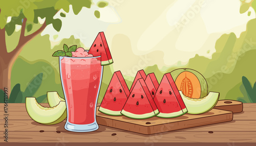 Refreshing Summer Delight: A vibrant watermelon smoothie in a tall glass, garnished with mint and a watermelon slice, sits on a wooden table alongside perfectly sliced watermelon wedges and juicy