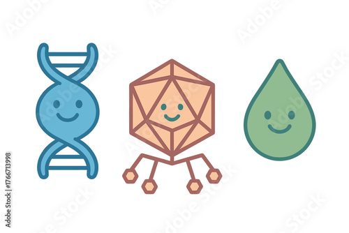 Adorable smiling DNA structure bacteriophage virus and water drop characters