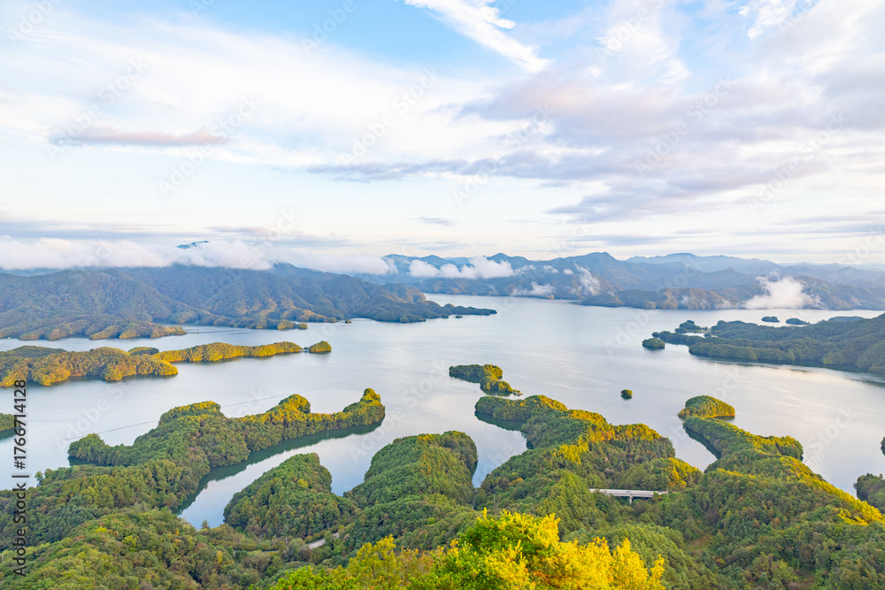 Naklejka premium Aerial landscape of green islands and blue lake in Chungcheongbuk-do