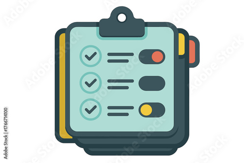 Task list on a clipboard with checkmarks and interactive toggle switches for settings