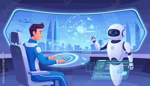 Futuristic scene depicting a man in a blue suit interacting with a friendly robot in a high-tech control room, with holographic displays showing data and a cityscape visible through the window