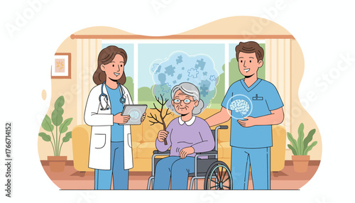 Elderly woman in wheelchair with doctors, symbolizing memory loss and cognitive decline, with puzzle pieces and brain imagery representing Alzheimer's and Parkinson's disease, emphasizing care and
