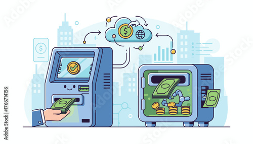 Modern flat illustration of an ATM machine and a robotic safe for automated cash deposit and withdrawal, symbolizing financial technology and digital banking services, with cloud connectivity and