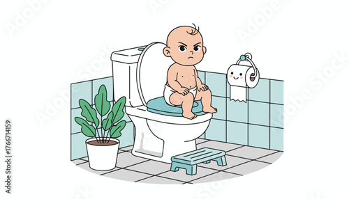 Cute cartoon baby with an angry expression sitting on a toilet, undergoing potty training, with a small step stool and a potted plant in a modern, clean bathroom setting, emphasizing the challenges