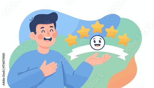Happy man with hand on chest and open palm, presenting a five-star rating with a smiling face icon and a blank ribbon banner, symbolizing excellent customer service, positive feedback, and customer