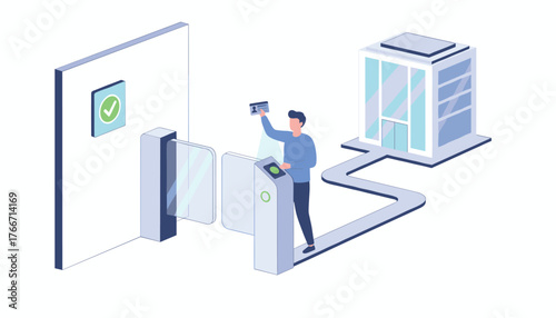 Modern automatic access control system with a person using an ID card to pass through a turnstile, leading to a contemporary office building, flat vector illustration with a clean and professional