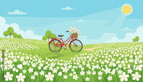 Charming red bicycle with a basket full of white daisies parked in a sunlit meadow, surrounded by a vast field of blooming white wildflowers under a bright blue sky with fluffy clouds, evoking a