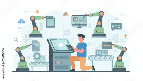 Modern factory automation concept with robotic arms, conveyor belts, and a technician interacting with a control panel, illustrating efficient business process optimization and industrial technology.