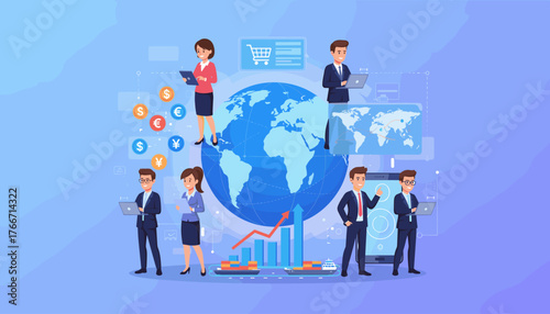 Global business professionals leverage digital technology and e-commerce platforms for international trade, financial transactions, and logistics, depicted with a world map, currency symbols, and
