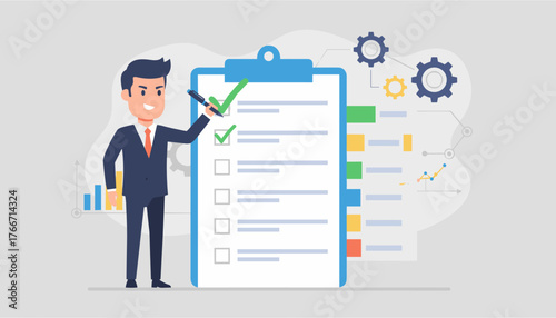 Dynamic flat illustration of a confident businessman in a suit marking checkboxes on a clipboard, symbolizing task completion, project management, and successful business operations, with gears and