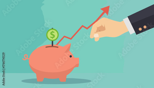 Businessman's hand guiding a red arrow graph upwards from a piggy bank with a dollar coin, symbolizing financial growth, investment, savings, and economic success, against a teal background.