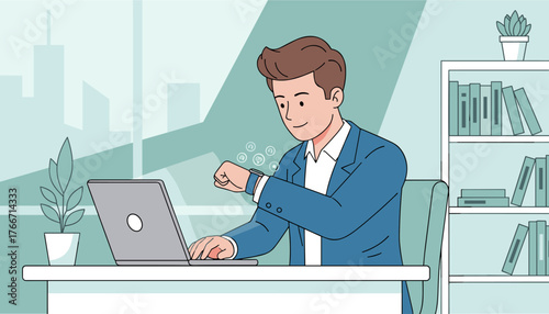 Modern businessman in a blue suit checking notifications on his smartwatch while working on a laptop in a bright office with a cityscape view, symbolizing productivity and technology integration in