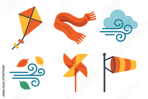 Seasonal weather elements and wind related objects like kite scarf windsock and pinwheel