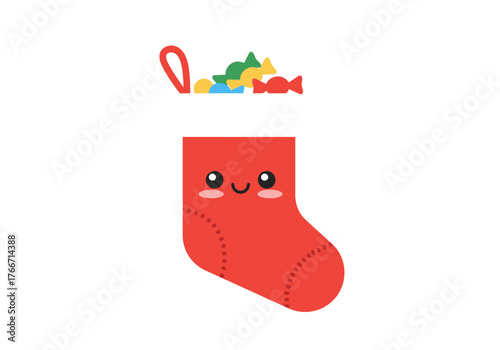 A cute kawaii red Christmas stocking with a smiling face, filled with colorful candies, celebrating the joyful natal season in a minimalist flat vector style