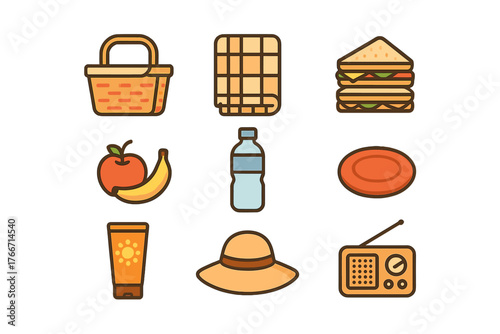 Essential items collection for a summer picnic or outdoor leisure activity