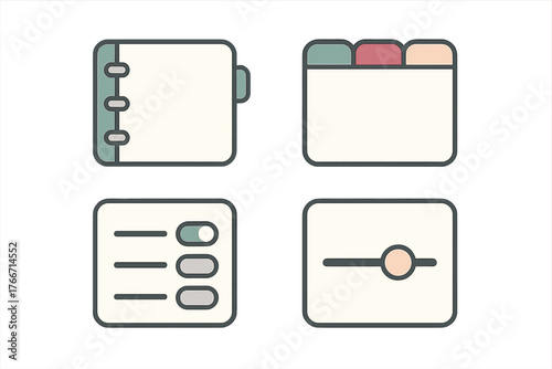 Minimalist collection of user interface elements including notebook, tabbed window, settings toggles, and slider control
