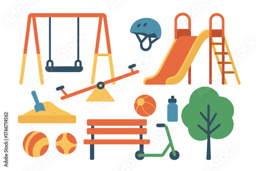 Colorful collection of playground equipment and park accessories including slide, swings, seesaw, sandbox, and bench