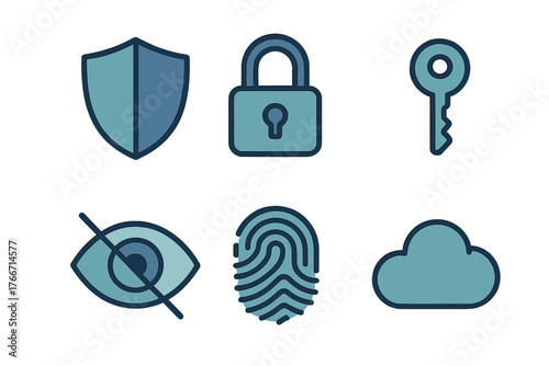 Digital security and privacy symbols set including shield, padlock, key, fingerprint, and cloud storage
