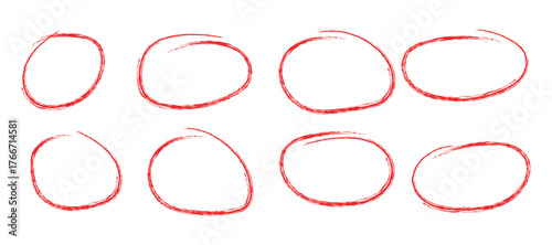 Circle red hand drawn doodle oval shape set. sketch mark, highlight round frame border design element. vector illustration.