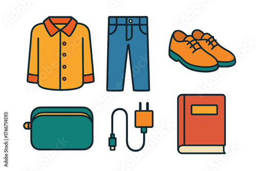 Collection of everyday items including clothing, footwear, accessories, electronics, and a book