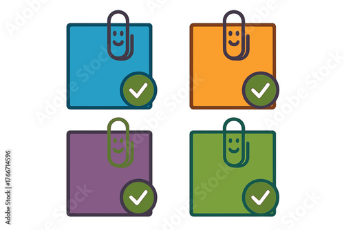 Colorful sticky notes with paper clips and check marks symbolizing task completion and reminders