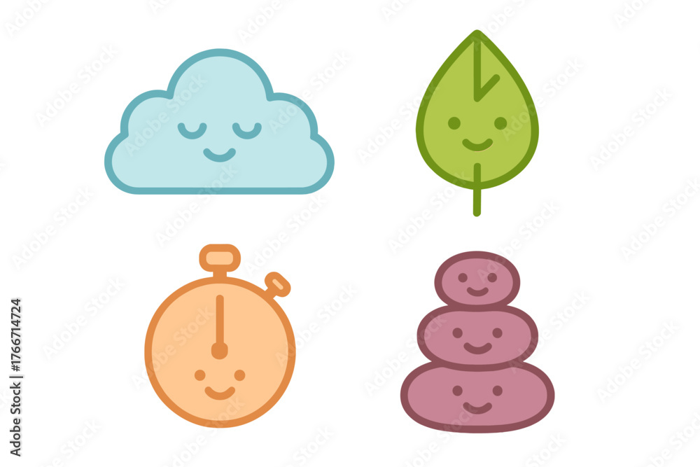 Fototapeta premium Cute icons representing wellness, nature, time management, and relaxation symbols