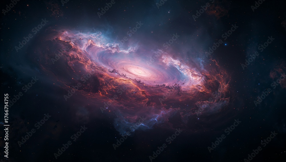 Fototapeta premium Rotating spiral galaxy showing nebular gas clouds in deep space with central core, faint stars