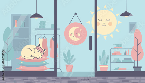 Charming modern flat vector illustration of a shop window displaying a sleeping cat on pillows, a 'closed' sign with a moon and stars, and plants, with a cheerful sun shining outside, evoking a cozy