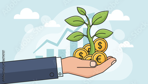 A businessman's hand cradles a vibrant green sprout emerging from a pile of golden coins, symbolizing financial growth and investment success, set against a backdrop of upward trending charts and