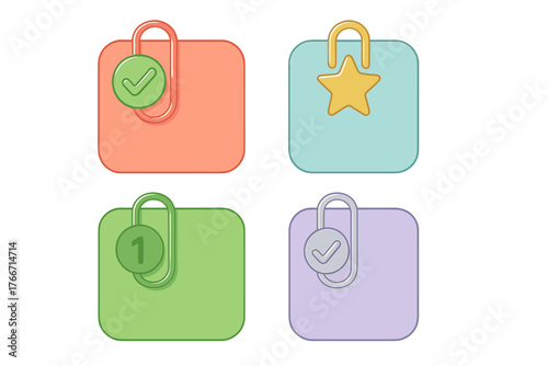 Four colorful status icons representing success, favorite, priority, and completion clipped to rounded squares