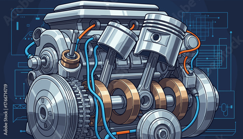 Detailed illustration of a modern car engine's internal components, showcasing pistons, crankshaft, and gears against a blueprint background, emphasizing mechanical engineering and automotive