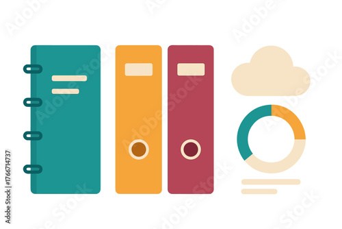 Colorful office binders and folders with cloud storage symbol and segmented data analysis chart