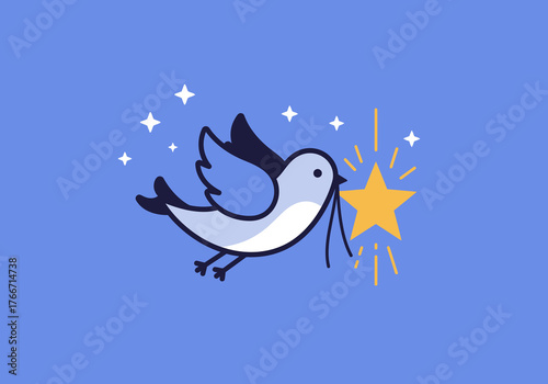 A whimsical illustration of a cute bird carrying a star in its beak, symbolizing hope, dreams, and achieving natal aspirations against a starry background