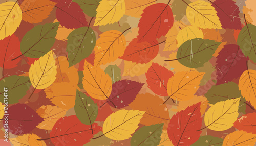 Vibrant and textured autumn leaves in a rich tapestry of reds, oranges, and yellows, featuring a subtle grunge effect for a rustic, natural feel, perfect for seasonal backgrounds and designs.