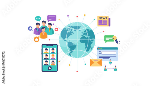 Global communication and networking concept, illustrated with a stylized Earth at the center, surrounded by icons representing social media, video calls, news, email, and people connecting digitally