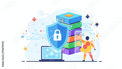 Vibrant digital illustration depicting the concept of cybersecurity and data protection, featuring a prominent shield with a padlock, a stack of colorful servers, a laptop displaying security icons
